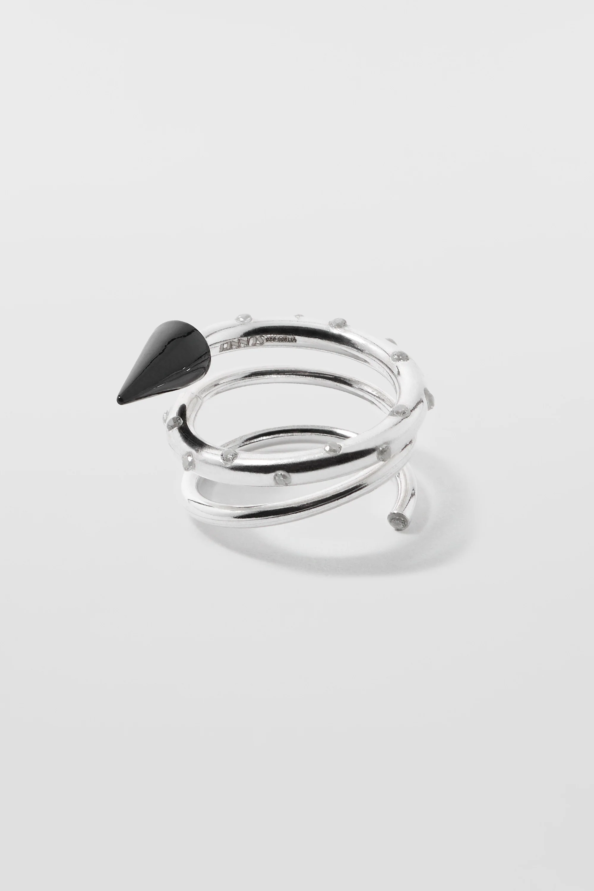 MEDIUM SPIRAL EAR-RING W/ STONES / silver / black - Image 5